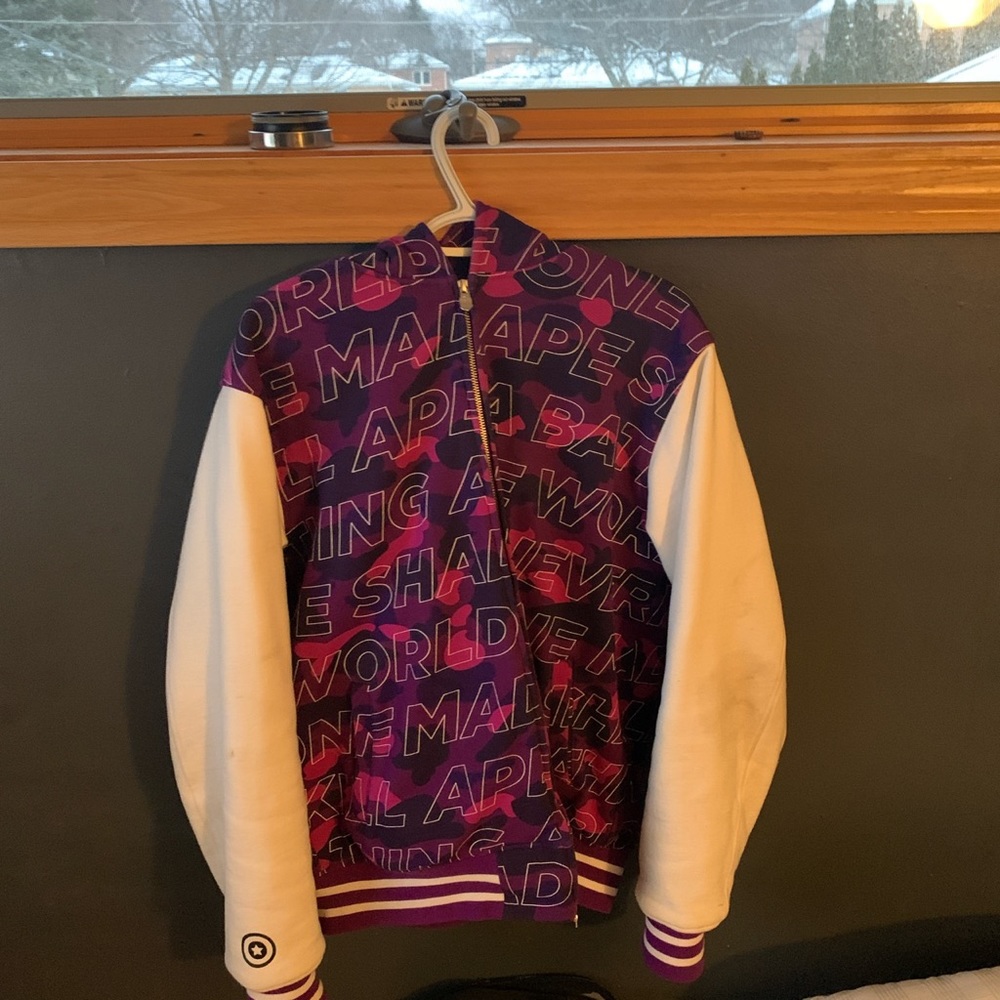 Text color camp shark sweat varsity jacket